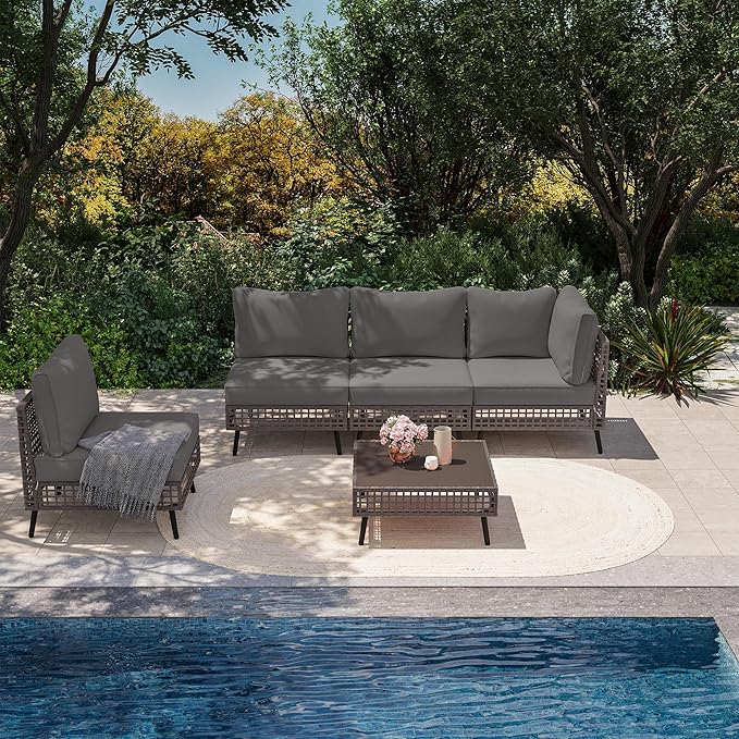 LAUSAINT HOME 5 Pieces Outdoor Sectional Sofa Set, All-Weather PE Wicker Rattan Patio Conversation Set with Thick Cushions & Coffee Table, Patio Furniture Set for Garden, Backyard, Porch (Grey)