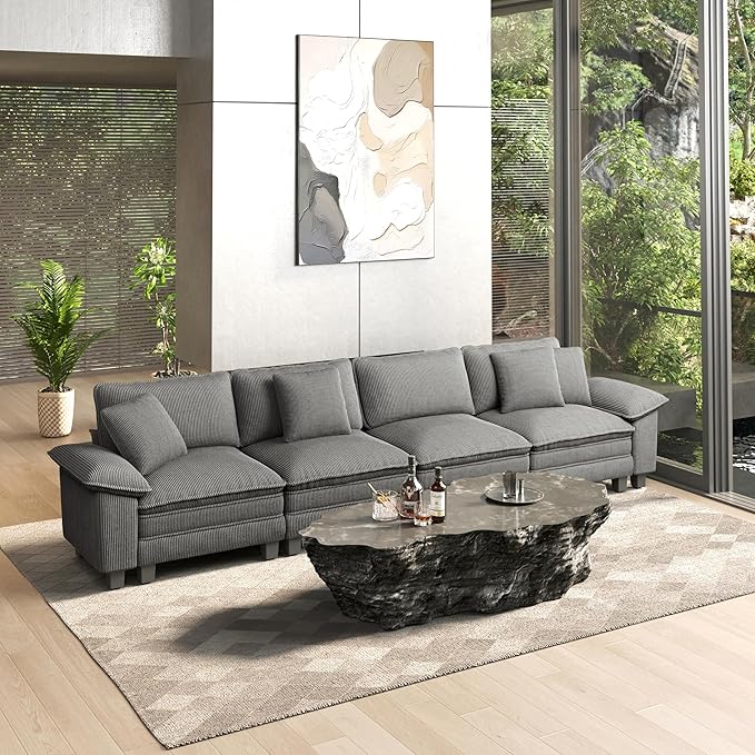 HERA'S HOUSE 158" Modular Sectional Sofa, Oversized Couches for Living Room, Comfy Cloud Couch 4-Seater Deep Seat Sofa with Throw Pillow, Corduroy Grey