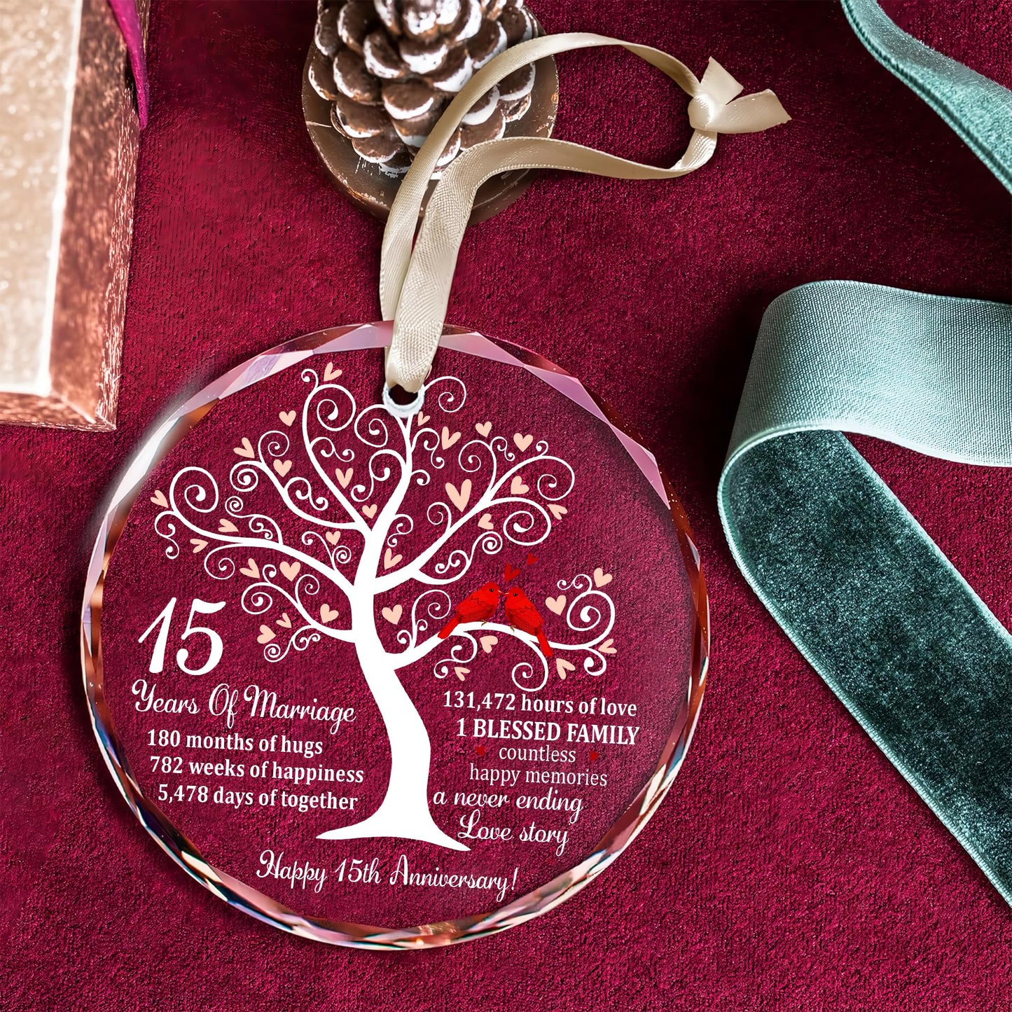 Bozspacer 15th Wedding Anniversary Ornament for Parents Couple Wife Husband - Crystal Anniversary Wedding Gift Ideas - Glass Ornament for 15 Years Marriage