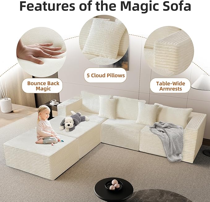 110 Modular Sectional Boneless Sofa with 2 Ottomans, Corduroy U-Shaped Modular Sectional Sofa, Convertible Cloud Couch with Deep Seats, No Assembly Required (White, 110" 3Seat+2 0ttoman)