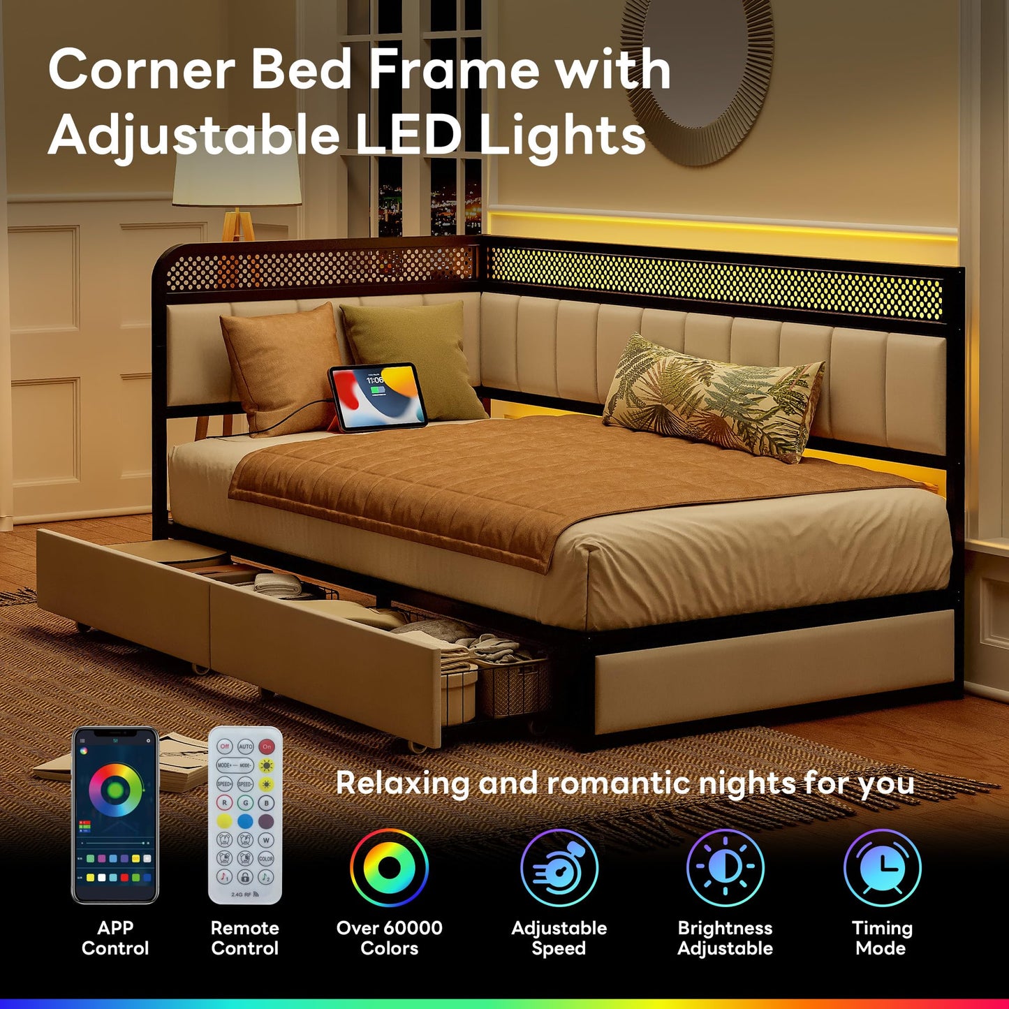 LIKIMIO Twin Corner Bed Frame with Storage Drawers and Charging Station, Modern Twin Daybed with LED Lights and Upholstered Guardrail, Beige