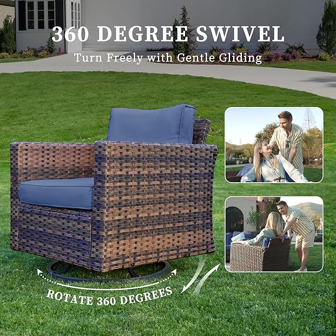 UDPATIO Patio Furniture Set, 5 Pieces Outdoor Wicker Furniture Set with Swivel Rocking Chairs Storage Table and Waterproof Covers for Backyard, Deck, Porch, Navy