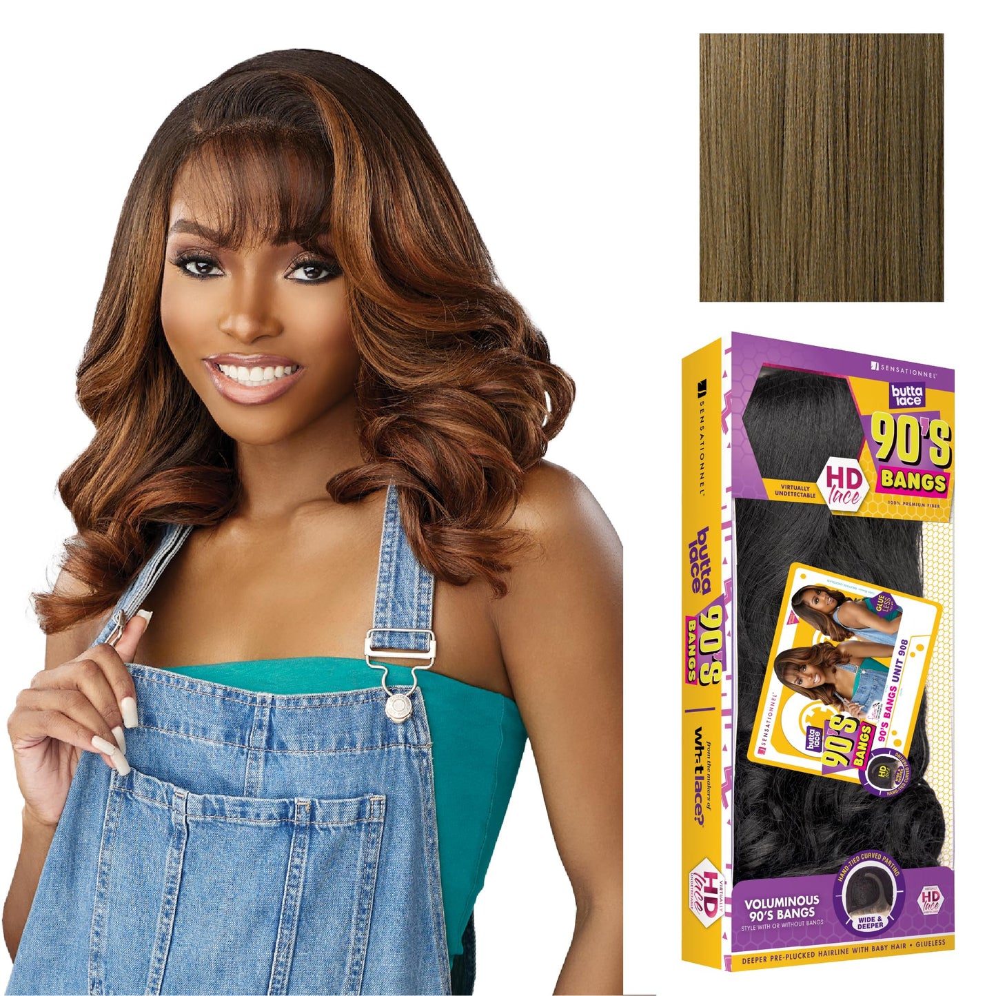 Sensationnel Butta Lace 90Sbangs Wigs - Unit 908 Glueless Wide Deep Part Synthetic Preplucked Hairline (LIGHTASHBROWN)