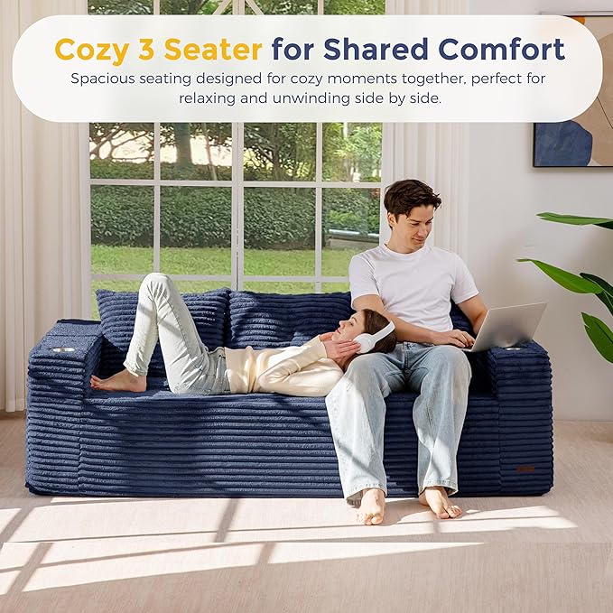 MAXYOYO 79" Oversized Boneless Loveseat Sofa Couch for Small Spaces, Mini Love Seat Floor Couch with Cup Holders and Pillows, 3-Seater Upholstered Cloud Couch for Bedroom, No Assembly Required