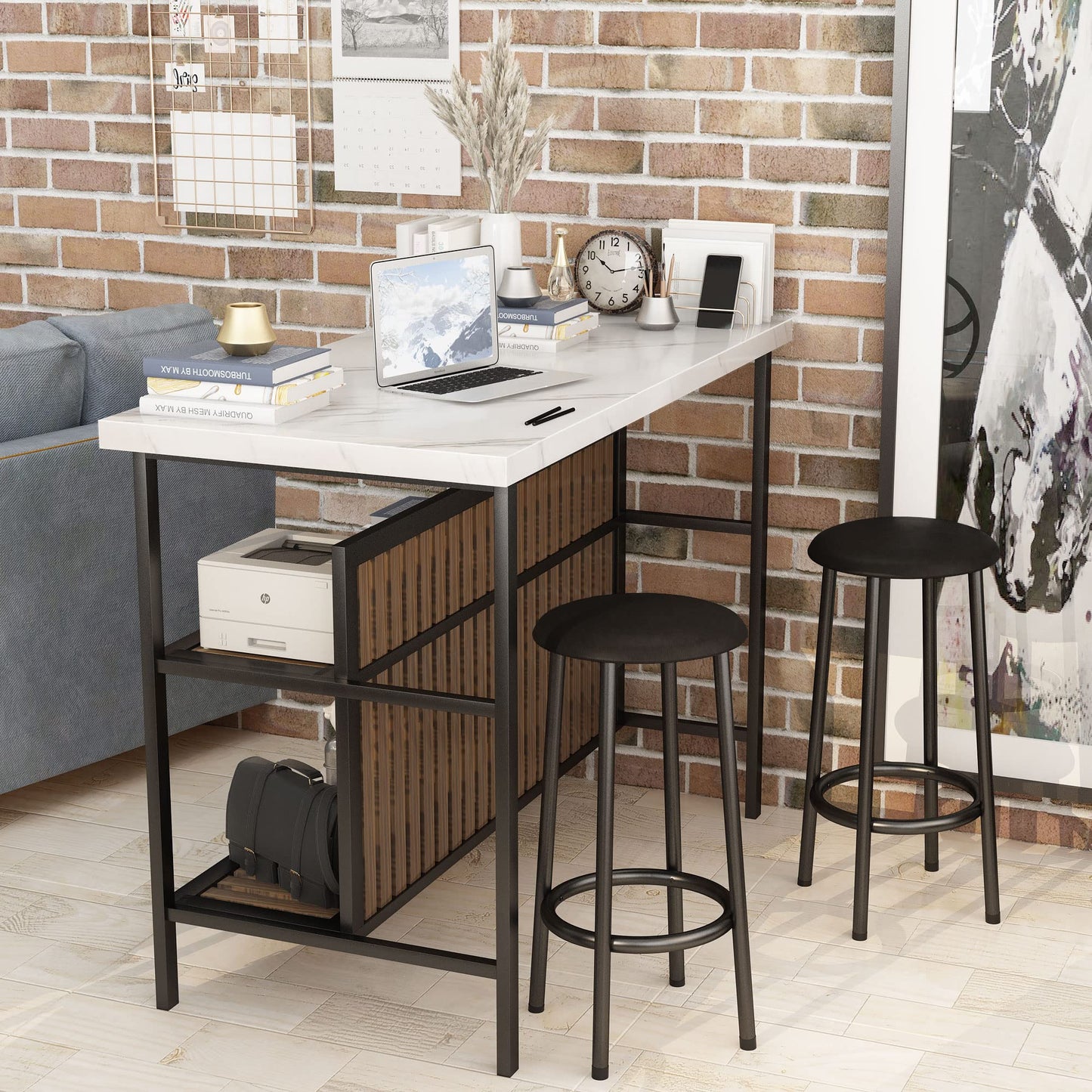Recaceik Kitchen Island with Seating, 47.2 Inches Kitchen Island with 2 Barstool, Industrial Counter Height Table with Storage, Wooden Dining Table Set of 2 for Dining Room, Bar, Easy to Assemble