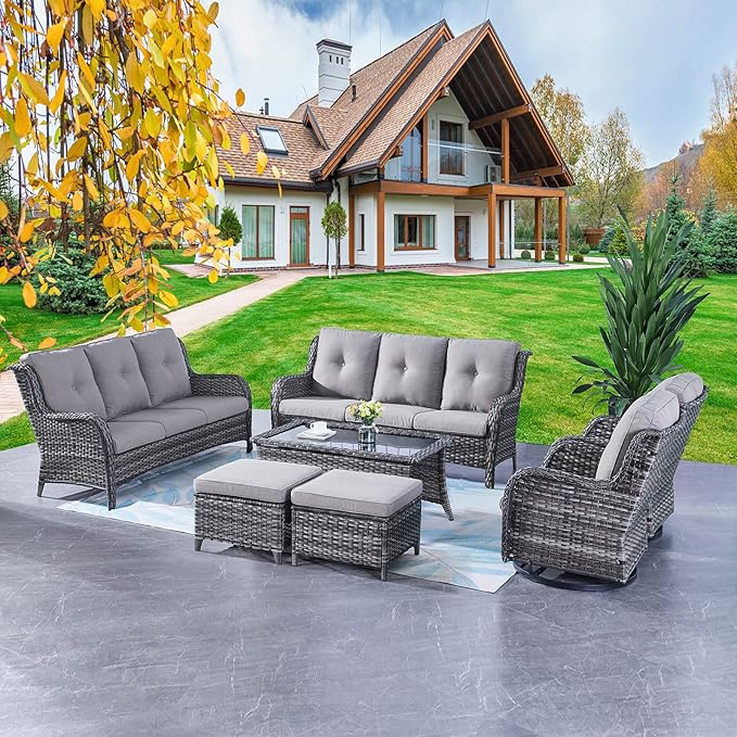 Rilyson Wicker Patio Furniture Set - 7 PC Rattan Outdoor Sectional Conversation Sets with 2 Rocking Swivel Chairs,2 Ottomans,2 Sofa and 1 Coffee Table for Porch Deck Garden(Mixed Grey/Grey)
