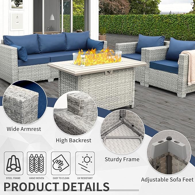 WAROOM Patio Furniture Set 4 Piece Wicker Conversation Sets PE Rattan Chair Outdoor Couch Sectional Sofa with Fire Pit Table, Navy Blue Cushion