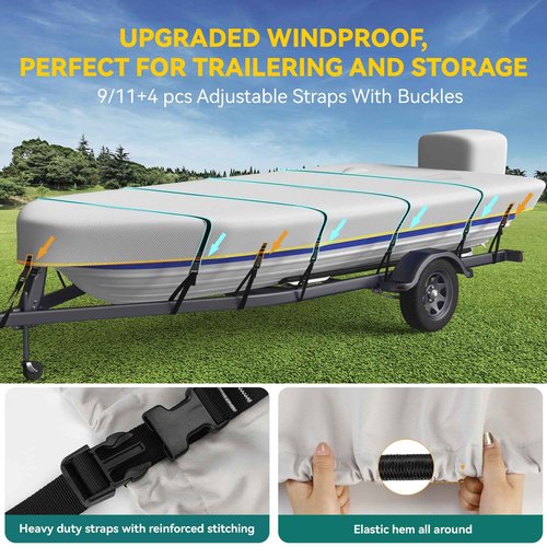 Heavy Duty 5 Layers 1200D Jon Boat Cover 16ft - 18ft with Motor Cover, 100% Waterproof Trailerable Jon Boat Covers 16-18 Foot with 11+4 Pcs Windproof Straps