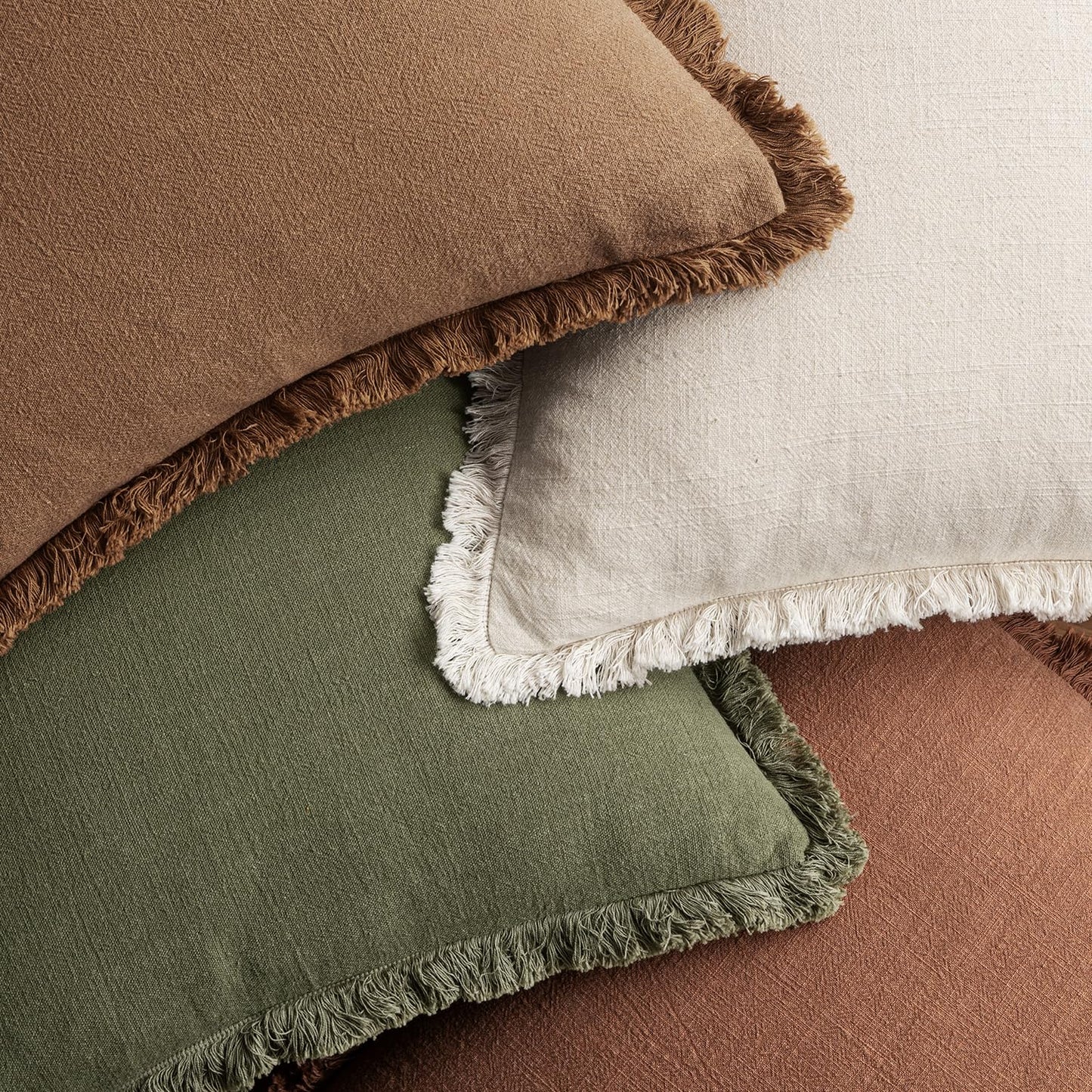 MIULEE Decorative Couch Pillow Covers Neutral Linen Fringe Throw Pillows Set of 4 Soft Rustic Cushions Boho Farmhouse Pillowcases for Bed Sofa Living Room Home Decor 18x18 Inch Beige/Brown/Green