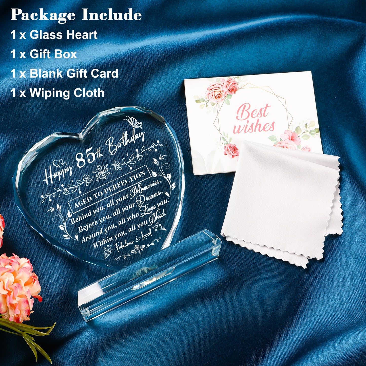 QIANRUNA 85th Birthday Gifts for Women Men, Laser Glass Heart 85th Birthday Decorations Ideas, Happy Birthday Gifts for 85 Year Old Parents Grandparents Husband Wife Mom Dad Friend
