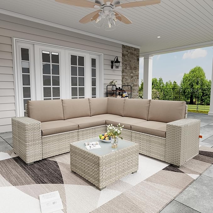 Broivira 6 Piece Patio Furniture Set, 9.8" Wide Arm Sectional Sofa with Storage Armrests, All-Weather Rattan Outdoor Conversation Set for Garden, Porch, Lawn, Backyard, Balcony, Khaki