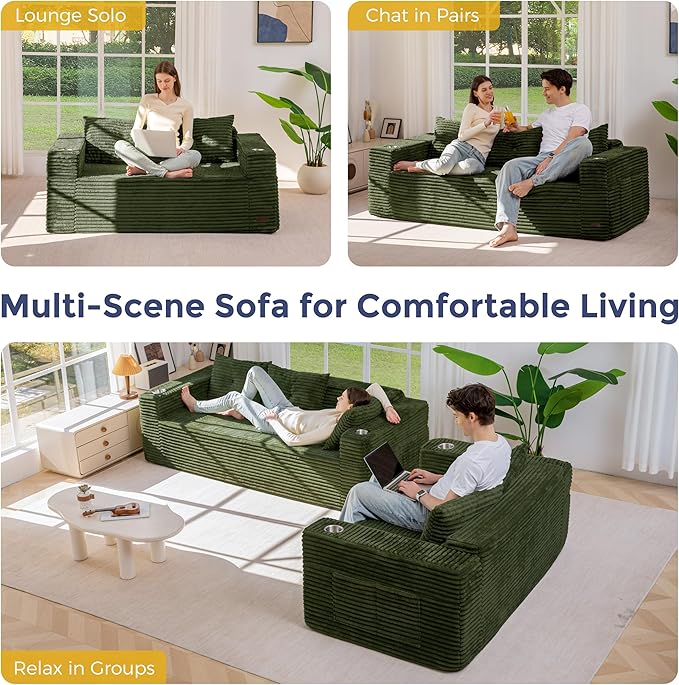MAXYOYO Boneless Couch and Loveseat Sets for Small Spaces, Mini Love Seat Floor Couch with Cup Holders and Pillows, Upholstered Cloud Couch for Bedroom Apartment, No Assembly Required