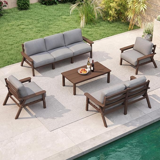 Patio Kingdom 7 Piece Patio Furniture Set, HDPE Outdoor Sectional with Gray Washable Thick Cushions, Coffee Table & Side Table, Patio Conversation Sets for Lawn, Garden, Porch, Balcony (Brown Frame)