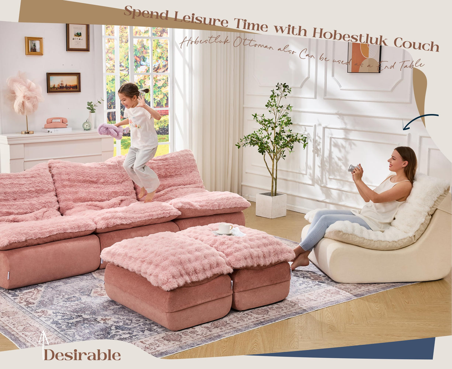 Hobestluk Sofa Couch Foam Sofa for Small Spaces Comfy Sofas with footrest Couch Recliner Small Sofas for Living Room, Bedroom, Apartment (Pink)