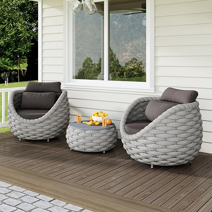 Erotr 3 Pieces Aluminum Patio Furniture Sofa Sets: Hand Woven Rope Outdoor Conversation Set of 2 - Assembled Modern Cushions Couch Armchair Table Set - All Weather for Indoor Deck Porch Pool Hotel