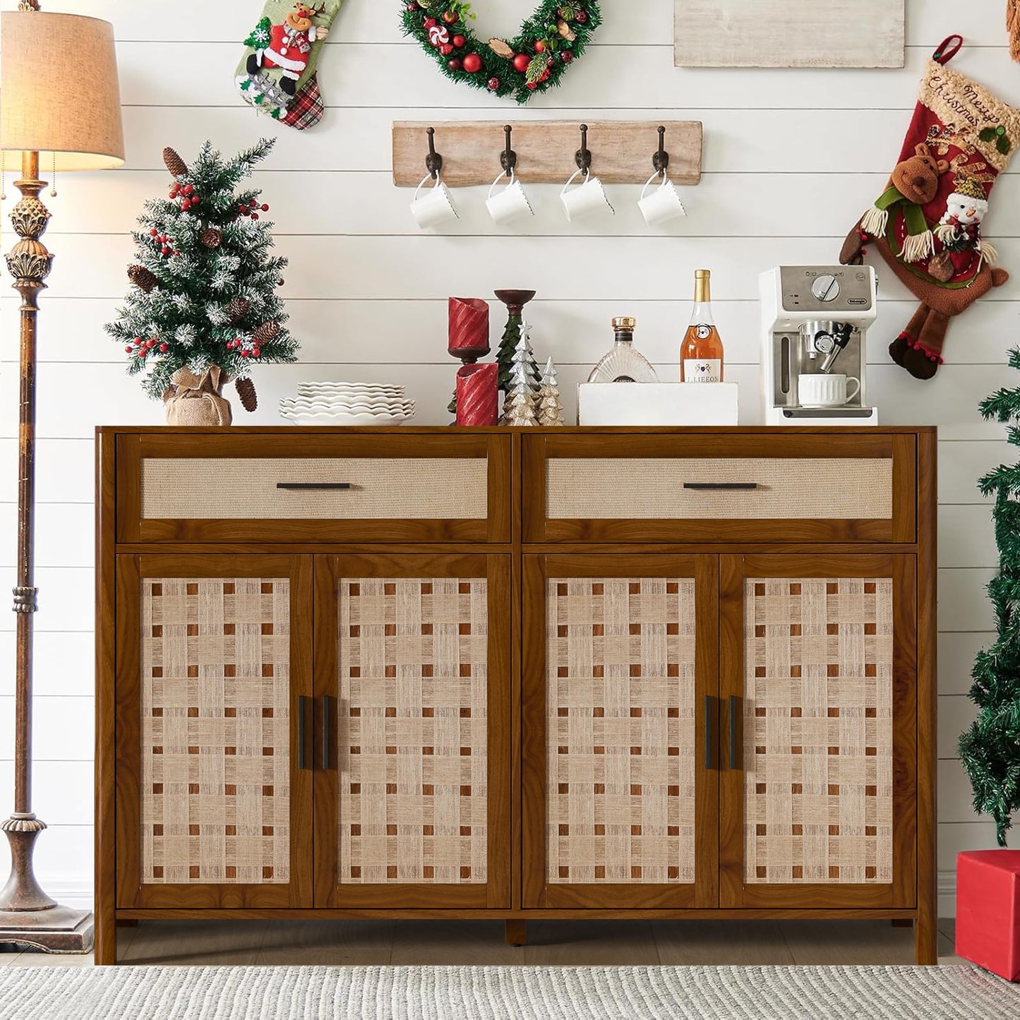 Mxtxmy Farmhouse Sideboard Buffet with Storage, 55' Large Buffet with 4 Doors and 2 Drawers, Wood Coffee Bar, Storage Cabinet for Kitchen, Dining Room, Living Room (Walnut)