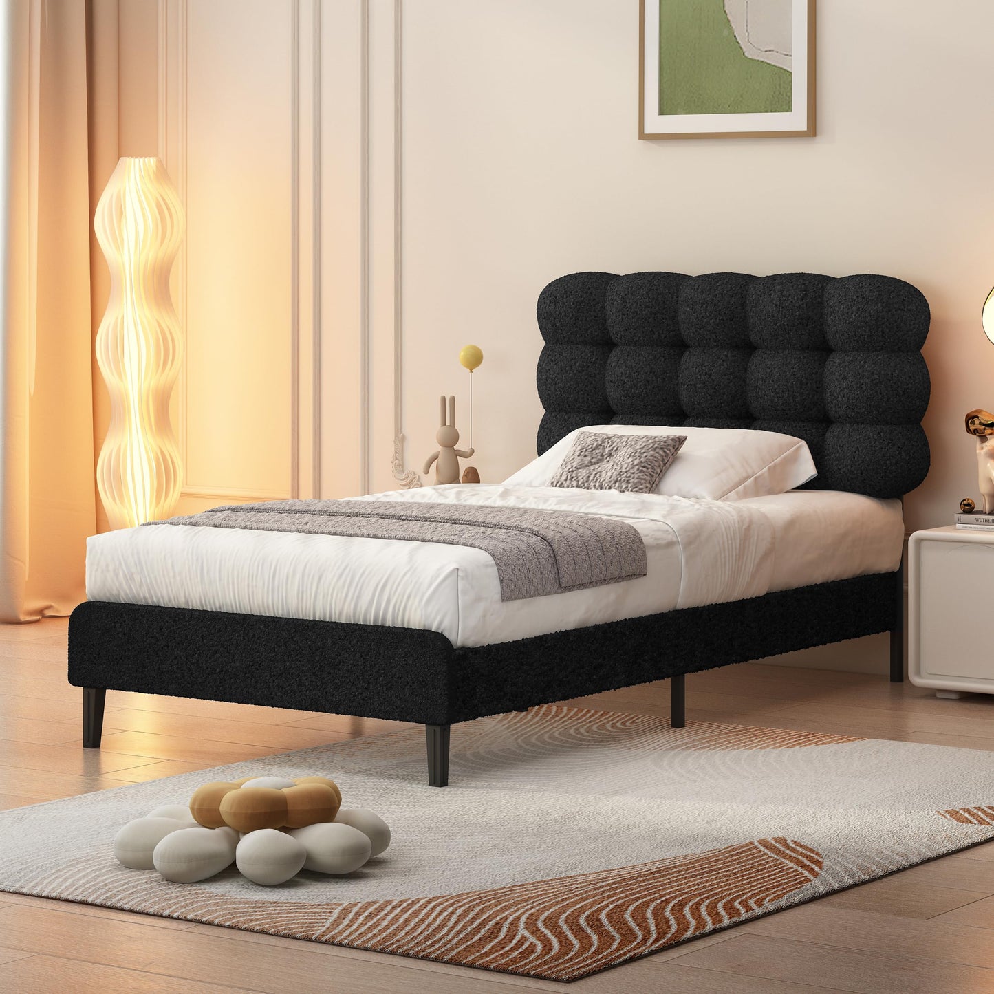 Twin Bed Frame with Upholstered Headboard, Platform Bed with Strong Wooden Slats Support, Two Bed Forms Design, No Boxing Spring Needed, Easy Assembly, Black