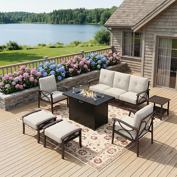 FansaFurn 7-Pieces Outdoor Patio Furniture Set with 43" Fire Pit Table, Outdoor Metal Sectional Sofa with Cushions, Outdoor Conversation Set for Garden, Balcony, Deck, Backyard, Khaki