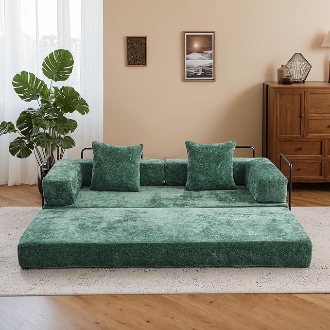 Convertible Couch Sofa Bed Foldable Floor Sleeper | Modern Fold Out Couch | Removable Backrest & Armrests | No Assembly Compression Sofa Sleeper for Living Room, Bedroom | Green Chenille