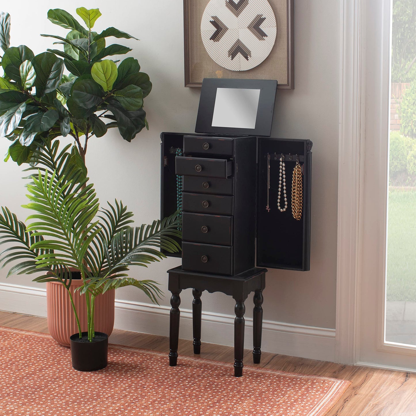 Powell Ebony Jewelry Armoire, Distressed Ebony Black; Black Lining
