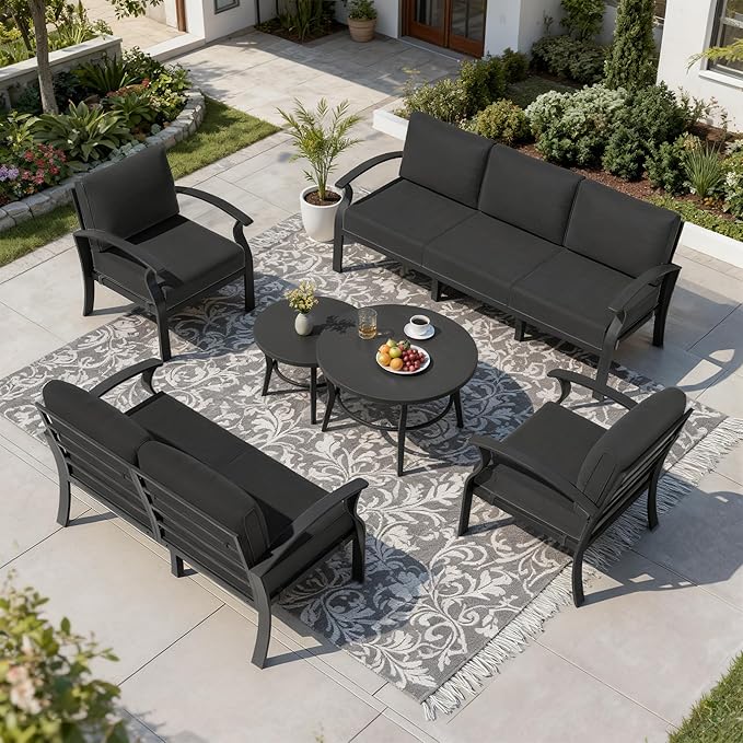 RTDTD Aluminum Outdoor Patio Furniture Set,7 Seats Patio Conversation Sets with 2 Round Coffee Tables,Metal Patio Sectional Furniture Set with 5.1" Thickened Cushions,Black