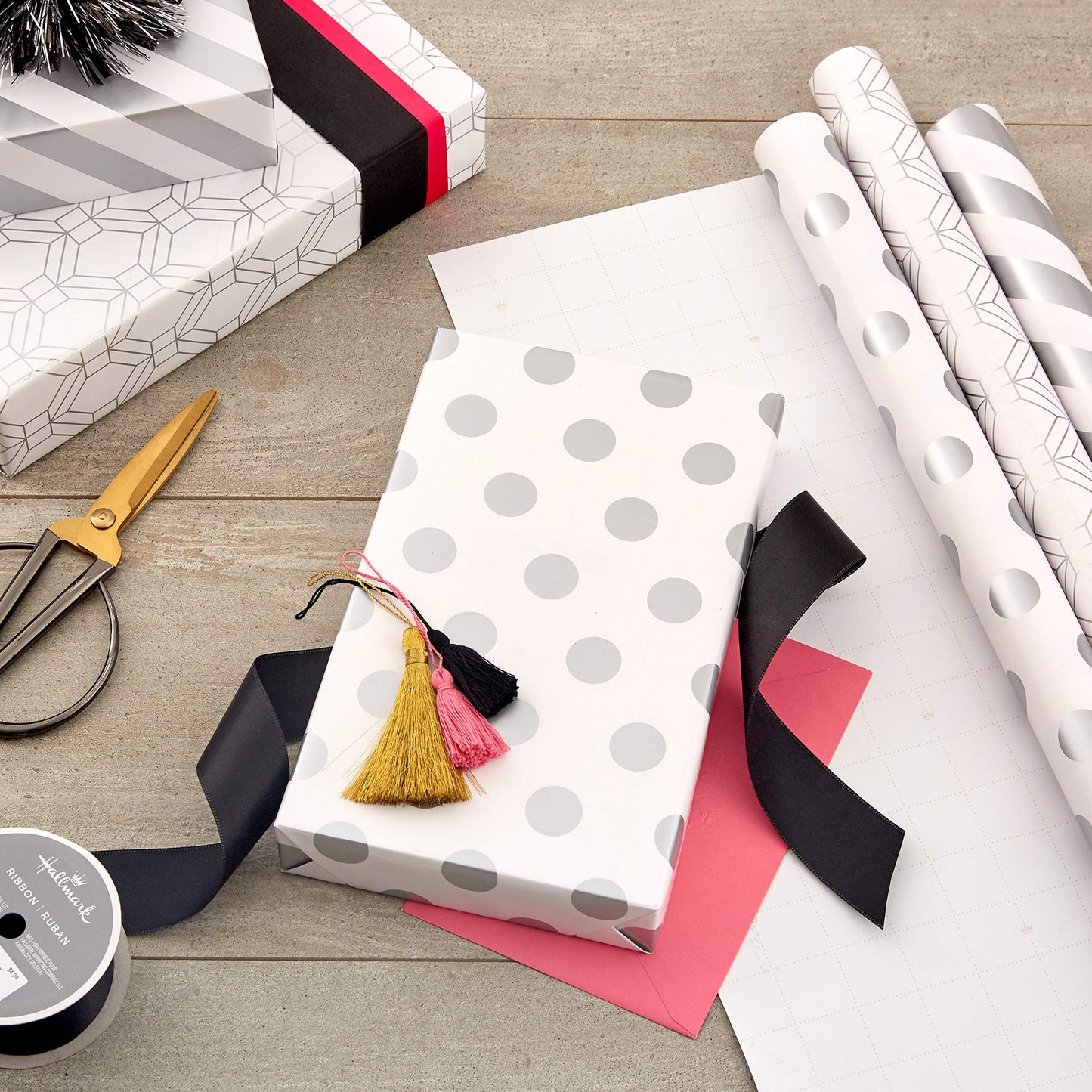 Hallmark Wrapping Paper Rolls for Weddings, Bridal Showers, Birthdays - Silver and White Gift Wrap Paper (Set of 3 Rolls: 105 sq. ft. ttl.) Polka Dots, Stripes, Geometric Shapes