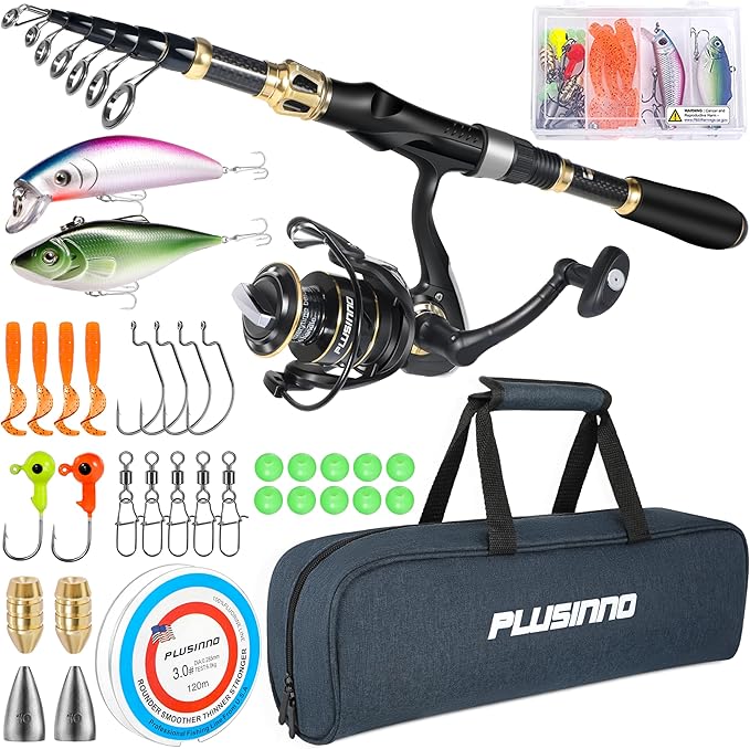 PLUSINNO Fishing Rod and Reel Combo,Fishing Pole,Telescopic Fishing Rod Kit with Spinning Reel, Telescopic Fishing Pole wi...