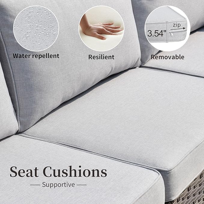 HOOOWOOO 8 Piece Patio Sectional Furniture Set with Fire Pit Table,Modern Wicker Outdoor Conversation Sofa Sets,Weather Resistant Modular L Shaped Outside Couch Set(Light Grey)