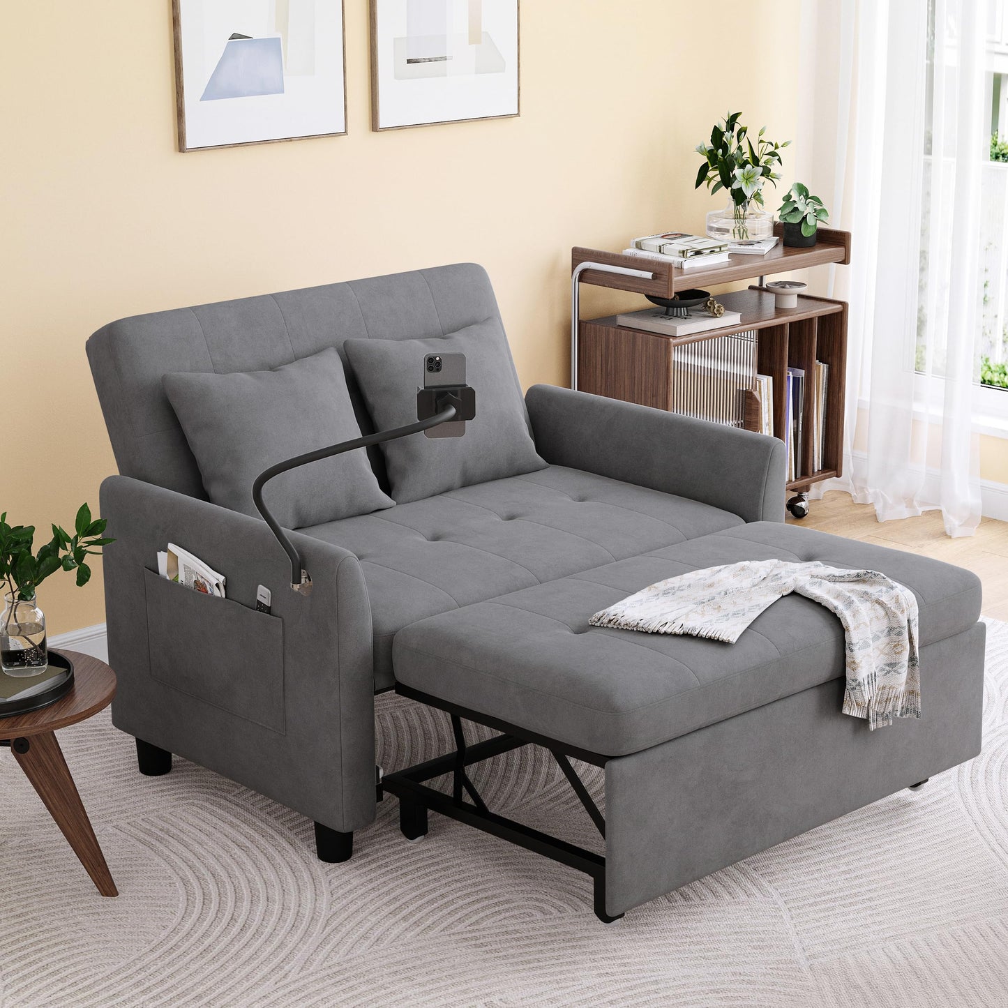 AYEASY Sleeper Sofa Bed, 3 in 1 Convertible Sleeper Couch Bed Pull Out, Small Loveseat Sofa, Futon Sofa Bed Full Size, 46" Velvet Love Seat with Pillow and Phone Holder for Living Room, Grey