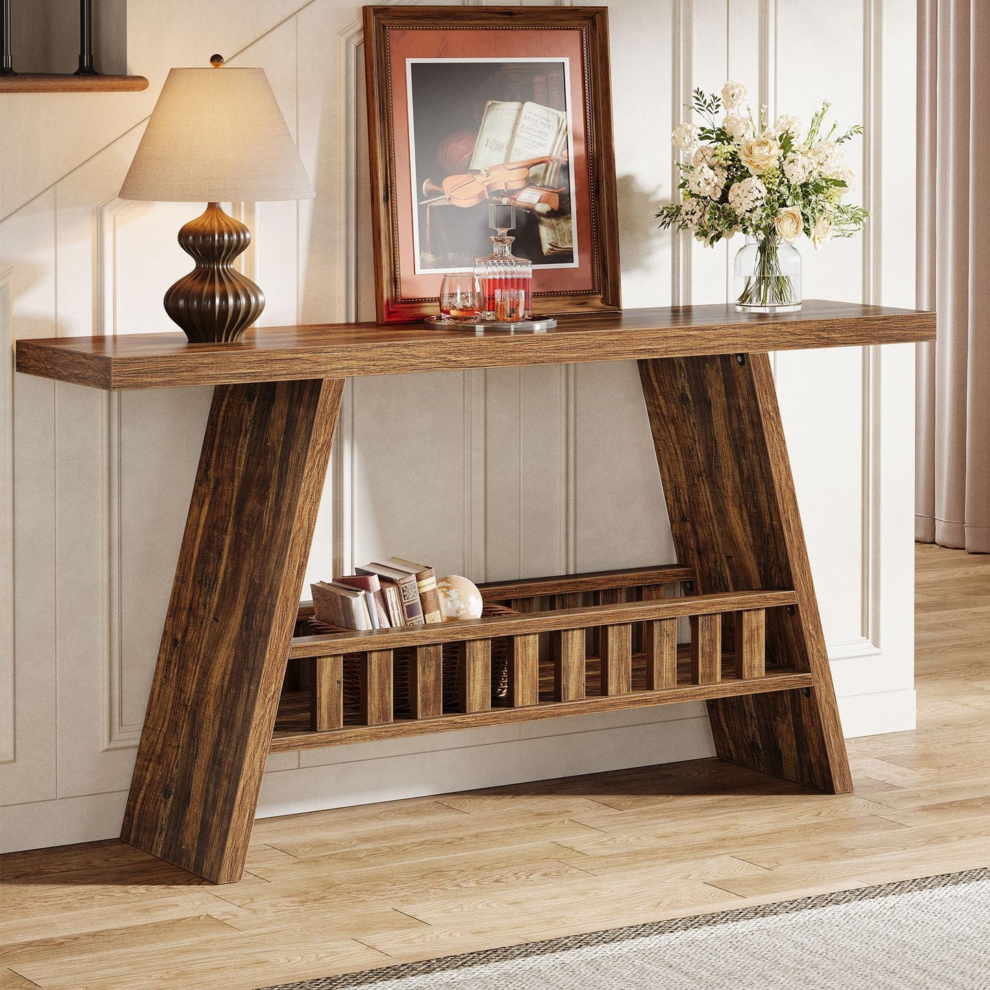 Tribesigns 63-Inch Long Entryway Console Table, Farmhouse 2-Tier Narrow Sofa Table Behind The Couch for Living Room, Hallway, Rustic Brown