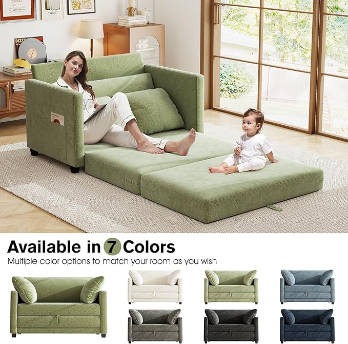 kakuboohi 51" Loveseat Sleeper Sofa Bed, Chenille Convertible Floor Sofa Bed for Small Spaces, Folding Couch Bed with Deep Seat, 2 Pillows & Solid Frame, Pull Out Floor Couch for Living Room, Green