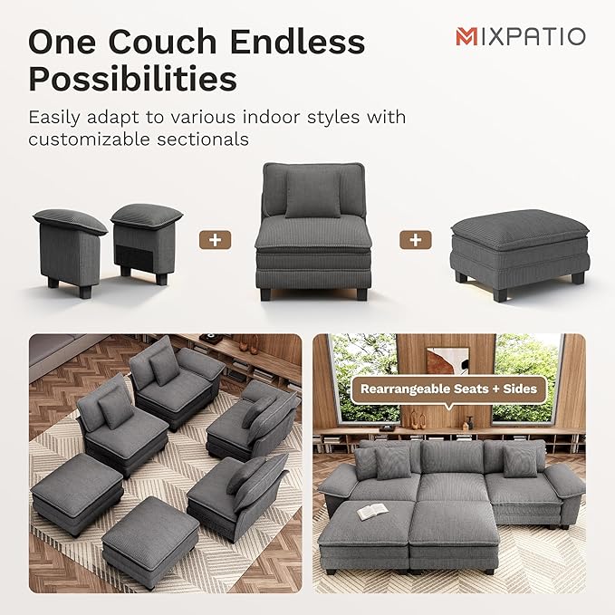 MIXPATIO 123-Inch L Shaped Sectional Sofa with Cloud Cushions, Deep Seat Modular Couch Set w/ 4 Seats & 1 Ottomans, Removable Arms, Plush Corduroy Upholstery for Living Room, Apartment - Gray
