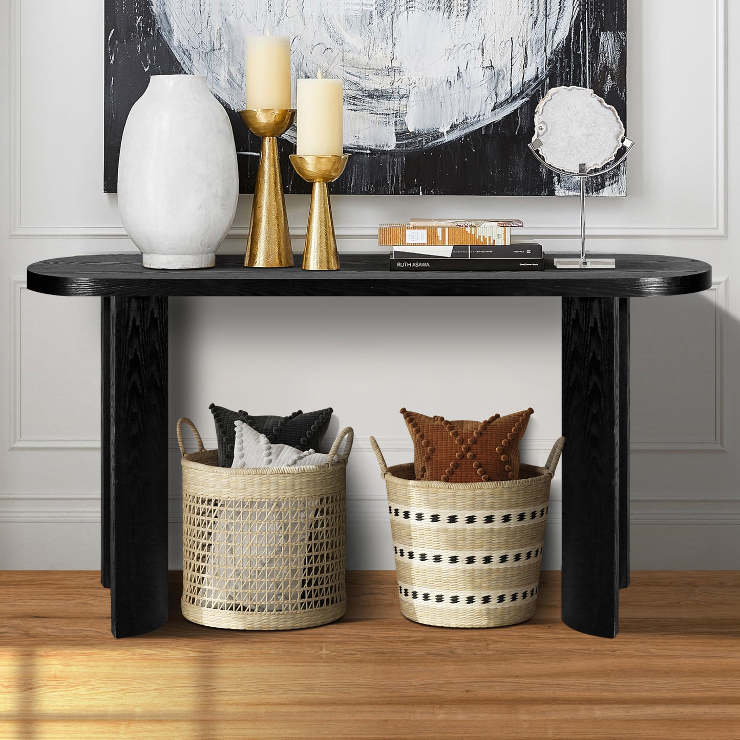 YOPENG Console Table for Entryway, 60" Farmhouse Long Curved Sofa Table Behind Couch, Modern Wooden Entryway Table Foyer Display Table, Narrow Black Tables for Living Room Hallway Entrance Corridor