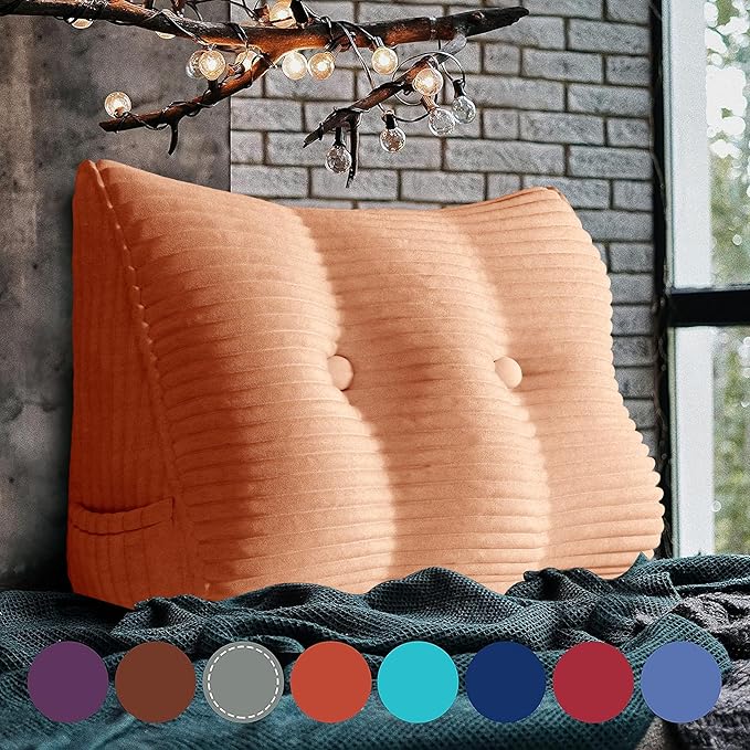 Wedge Headboard Pillow Dorm Room Reading Pillow Back Support for Sitting Up in Bed Bolster Lumbar Cushion Body Positioning Bedrest Corduroy (Peachy Coral, Twin (39 * 8 * 20in))