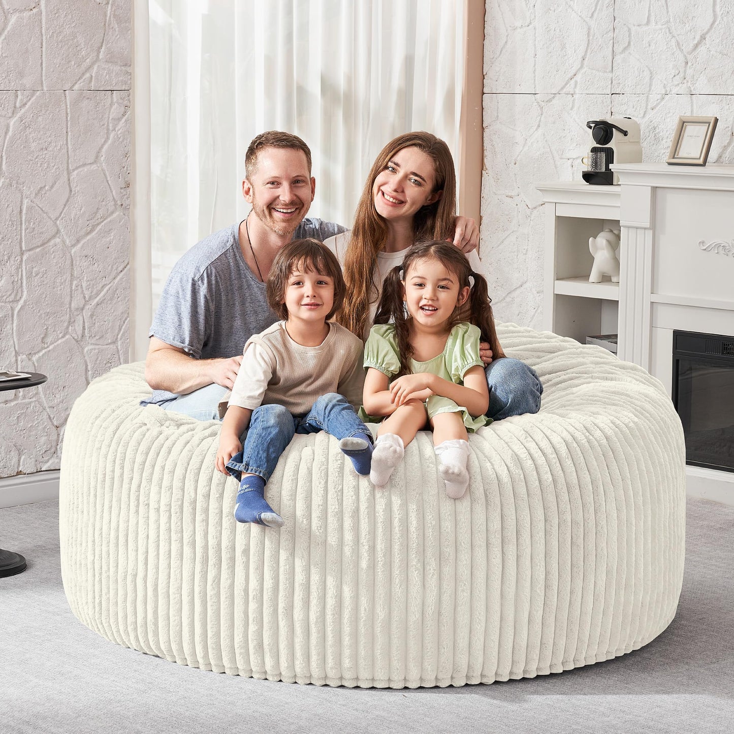 HABUTWAY 5FT Bean Bag Chair, 5' Large Bean Bag Chairs for Adults with Removable Stripe Plush Cover, Memory Foam Beanbag Chair for Living Room Bedroom Dorm (White)