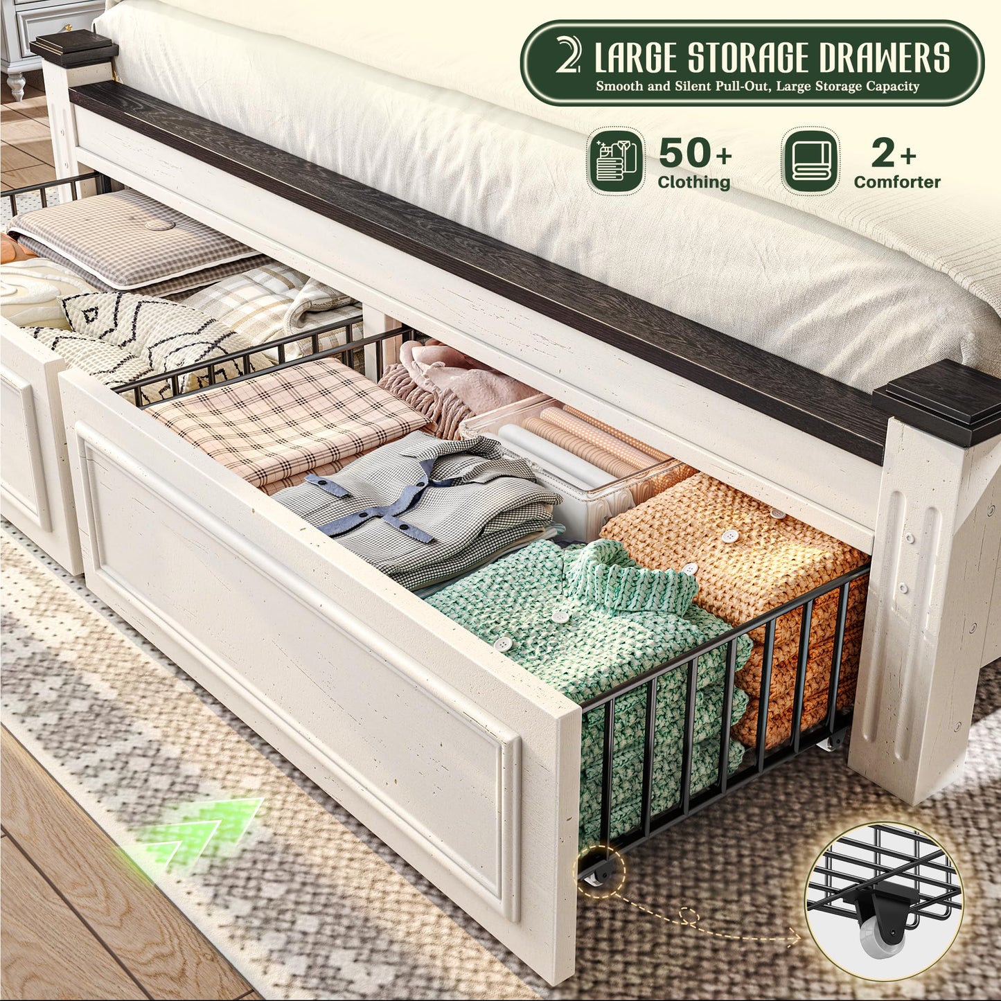 Homkdom Queen Bed Frame with Storage Drawers and 51.25" H Headboard, Modern Queen Size Bed Frame with Storage,NO Noise,No Box Spring Needed,White