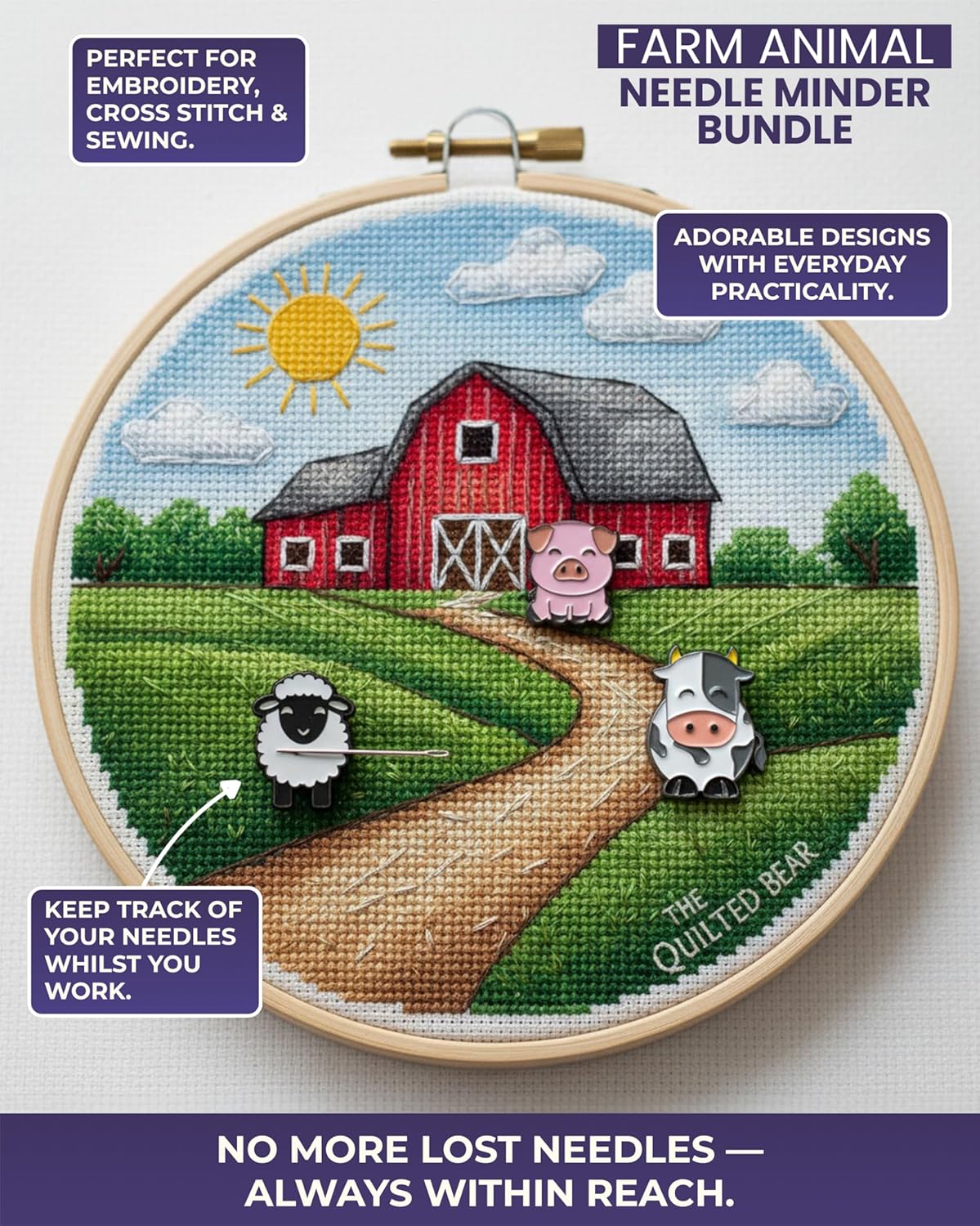 The Quilted Bear Needle Minder - Needle Minder Magnet for Keeping Sewing & Embroidery Needles, Cross Stitch Needles Safe - Stress Free Stitching Cross Stitch Supplies & Embroidery Supplies (Cow)