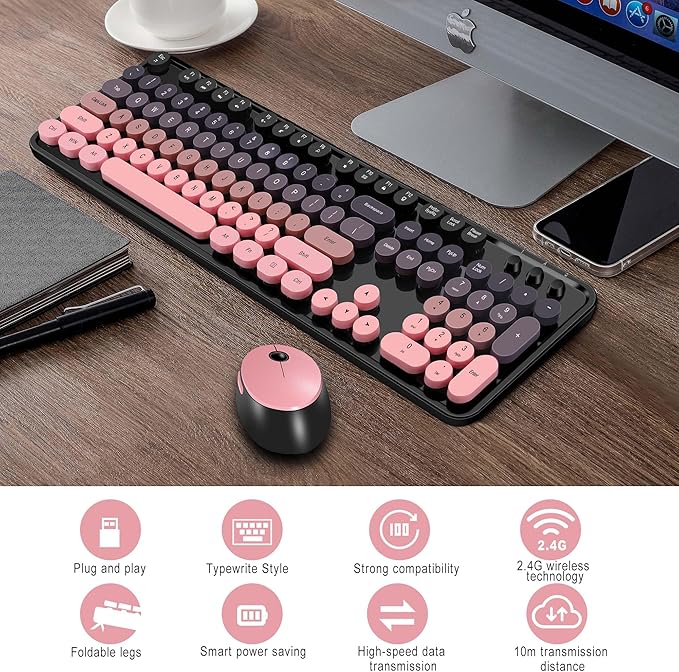 Kootop Wireless Keyboard and Mouse Combo, Cute Colorful 104 Keys Typewriter Retro Round Keycaps Keyboard for PC Laptop,Desktop,Windows, Home and Office Keyboards(Black Pink)