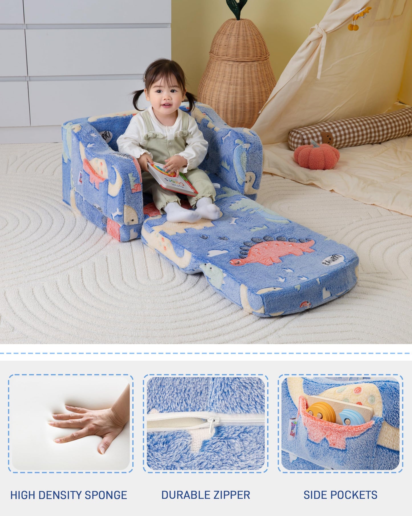 Thick Comfy Toddler Chair and Couch for Kids,2-in-1 Soft Plush Fold Out Sofa for Children,Convertible Couch to Lounger for Toddler