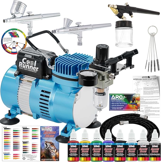 Master Airbrush Cool Runner II Air Brush Kit with Air Compressor Dual Fan, 3 Airbrushes, 6 Color Acrylic Paint Set, Hose, ...
