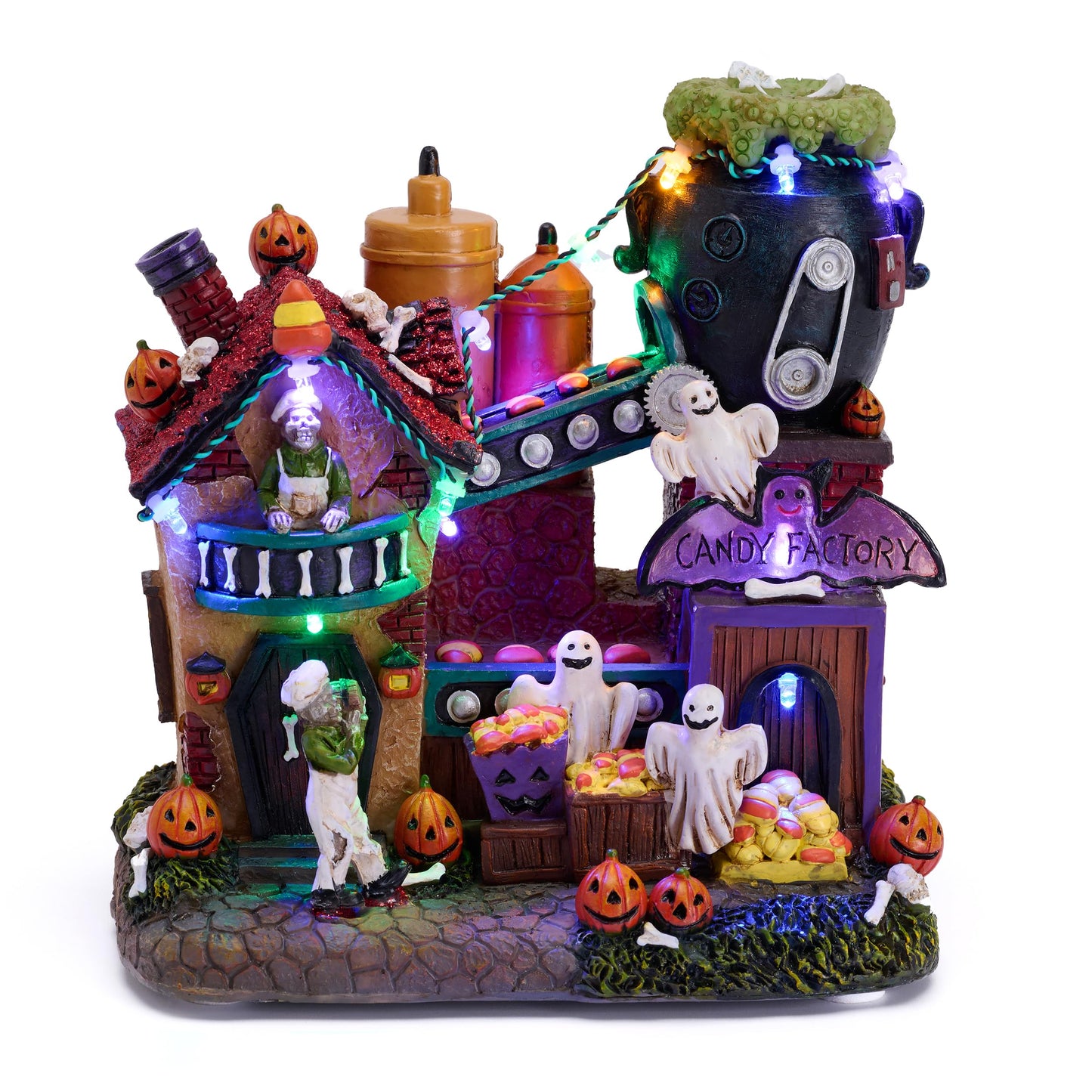 Valery Madelyn Halloween Decorations, Lighted Halloween Village Houses with Music and LED Lights, Resin Haunted House Spooky Town Scary Candy Factory for Home and Party Table Desk Mantel, 8 Inch