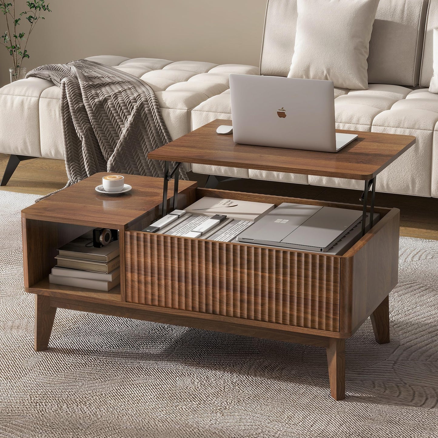 LYNCOHOME Fluted Lift Top Coffee Table with Hidden Compartment, Modern Center Table for Living Room, Home Office（Walnut）