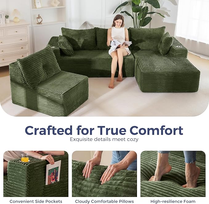 MAXYOYO 132" Oversize Modular Sectional Couch with L-Shape Chaise, Modern Boneless Couch for Living Room, Sofa in A Box, Oversized Sofa Sleeper with Deep Seat, No Assembly Required, Green