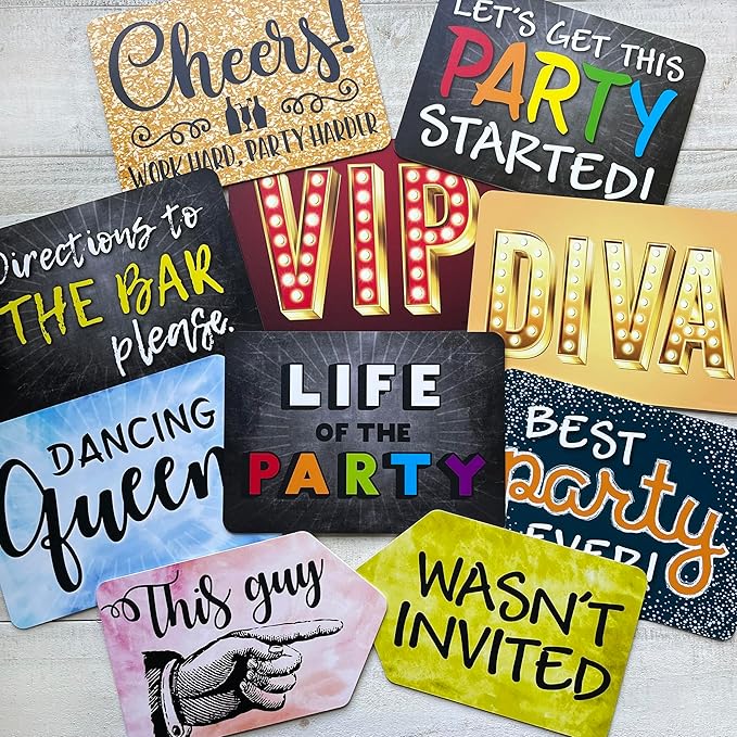 Plastic Photo Booth Prop Signs - Set of 10 Phrases - PARTY Mix