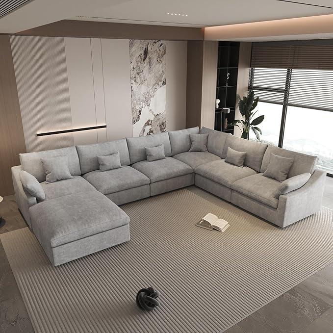 WJShome Cloud Couch for LivingRoom,153" U Shaped Modular Sectional Sofa with Ottoman,Down Filled 7 Seater Convertible Sleeper Sofa Bed Oversized Furniture Sets,Gray