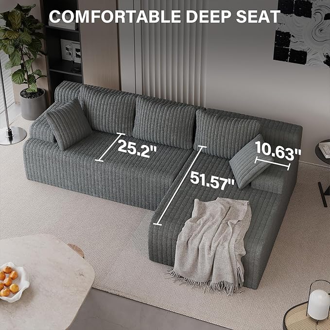 LAUSAINT HOME 96" Modular Sectional Sofa Couches, L-Shaped Boneless Cloud Sofa with 3 Deep Seat, 5 Cushiones Oversized Chaise for Living Room, Bedroom, Plush Corduroy Fabric (Right, Grey)