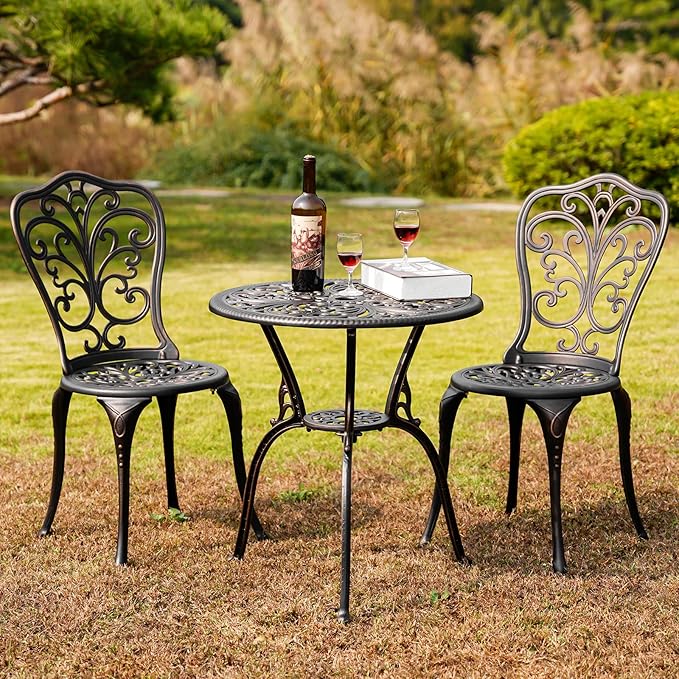 Withniture Outdoor Bistro Set 3 Piece Patio Bistro Set with Umbrella Hole, Weather Resistant Bistro Table and Chairs Set of 2 for Porch Garden, Bronze