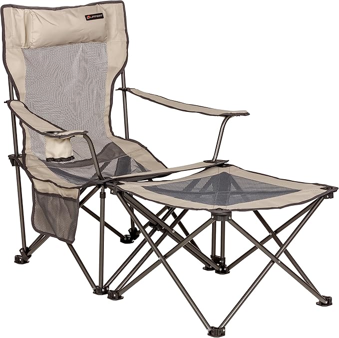 Lippert Sun Soaker Two-Position Vented Reclining Camping Chair with Footrest, 600D Polyester Fabric, Mesh Back/Seat, Padde...