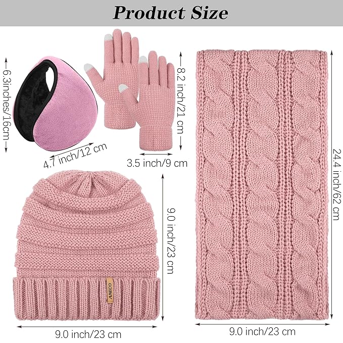 Aneco Winter Warm Sets Knitted Scarf Beanie Hat Touch Screen Gloves and Winter Ear Warmer for Men or Women