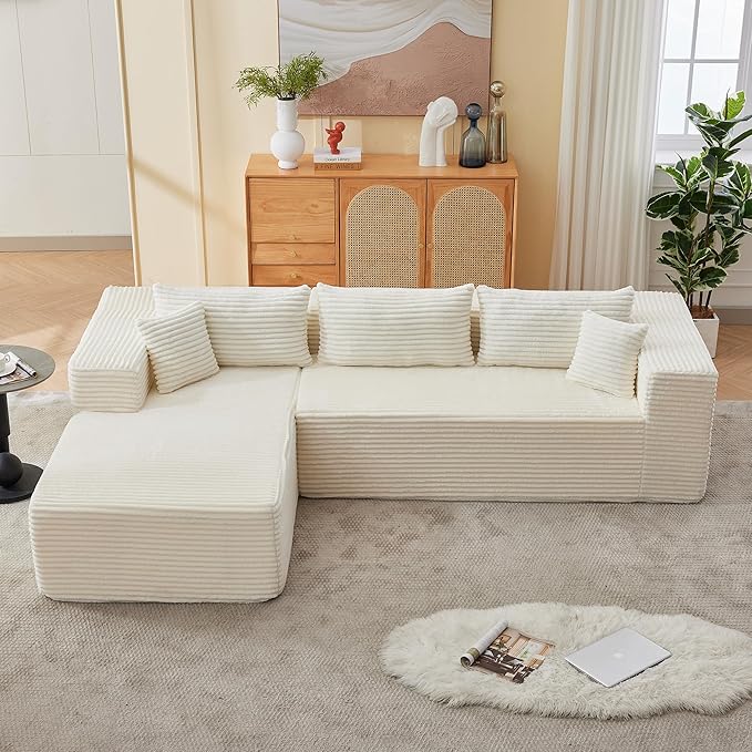 107" Modular Sectional Sofa, L-Shaped Cloud Couch with Deep Seat, Boneless Fluffy Corduroy Sofa for Living Room, No Assembly Required, (Left Facing Chaise,Beige)